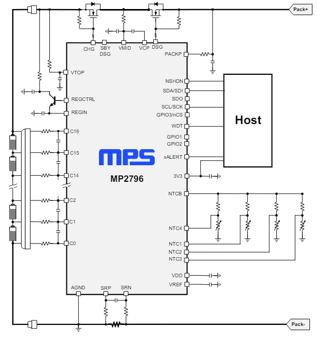 Application Circuit Diagram - Monolithic Power Systems (MPS) MP2796 Battery Monitors & Protectors
